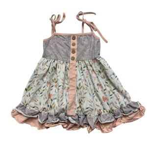 CHEEKY PLUM Peach Floral Sleeveless Dress Sz 4T Cotton Stretch Tie Straps Button